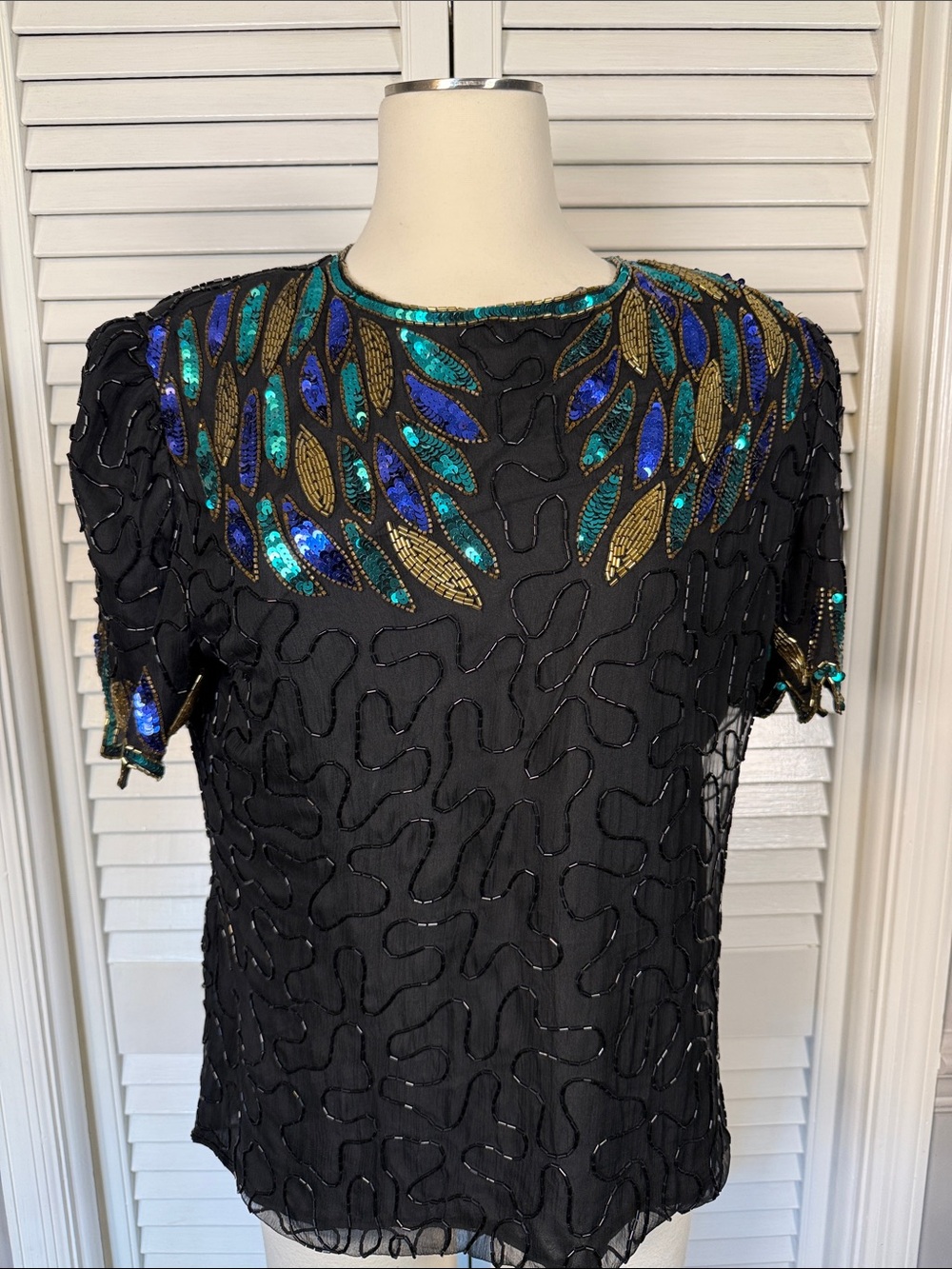 Vintage 80s Denise Elle Silk Beaded Sequin Peacock Blouse - Large